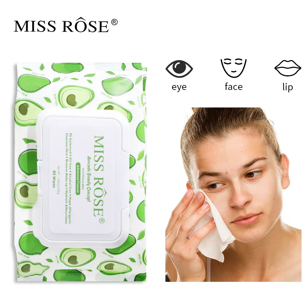 MISS ROSE Disposable Gently Off Removes Make-up Purifie Moisturizes Sensitive Skin Face Eyes Lips Avocado Makeup Remover Wipes